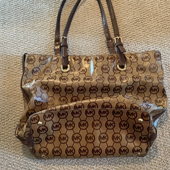 Brown vinyl Michael Kors tote bag some wear on handles, pen marks inside. - Picture 2 of 3